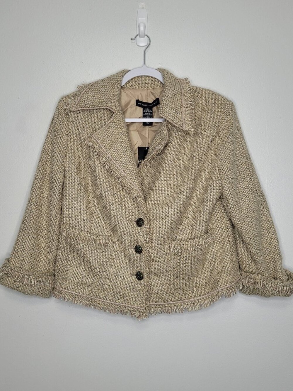 New York & Company tan gold tweed preppy button front career jacket 14 NWT